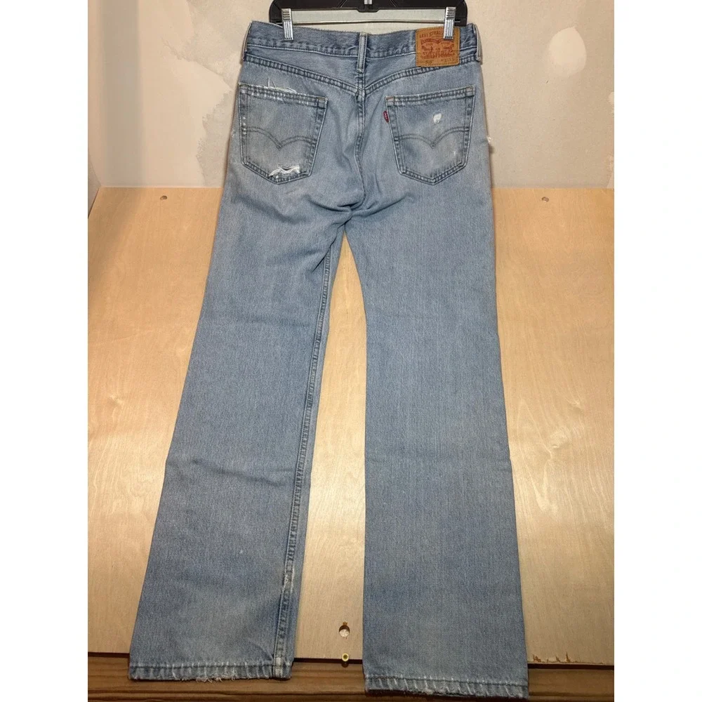 Levis 505 Regular Fit Jeans Mens 33x34 Light Wash Distressed Straight Leg 00505